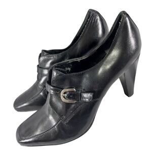 NINE WEST! BLACK GENUINE LEATHER MODIFIED SQUARE TIE HEELED LOAFERS! SZ 9.5M